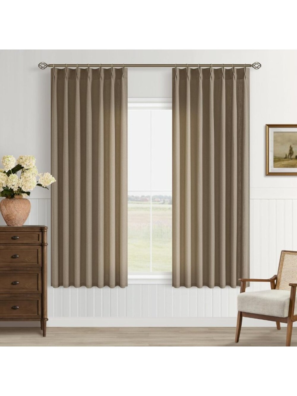 Elegant Dark Brown Semi-Sheer Linen Curtains, Pinch Pleated Drapes 40x63